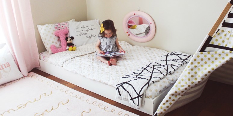 floral accent wall, toddler room, baby room, nursery, girl room, boy room, floor bed, montessori floor bed, kids decor, kids dream room, toddler bed, kids bed, house frame bed, teepee, kids fort, playroom, kids playroom, dream playroom, DIY house frame floor bed, DIY house bed, DIY floor bed, floor beds for toddlers, boho chic girls room, little girls room, dreamy girls bedroom, girl bedroom design, Montessori bedroom