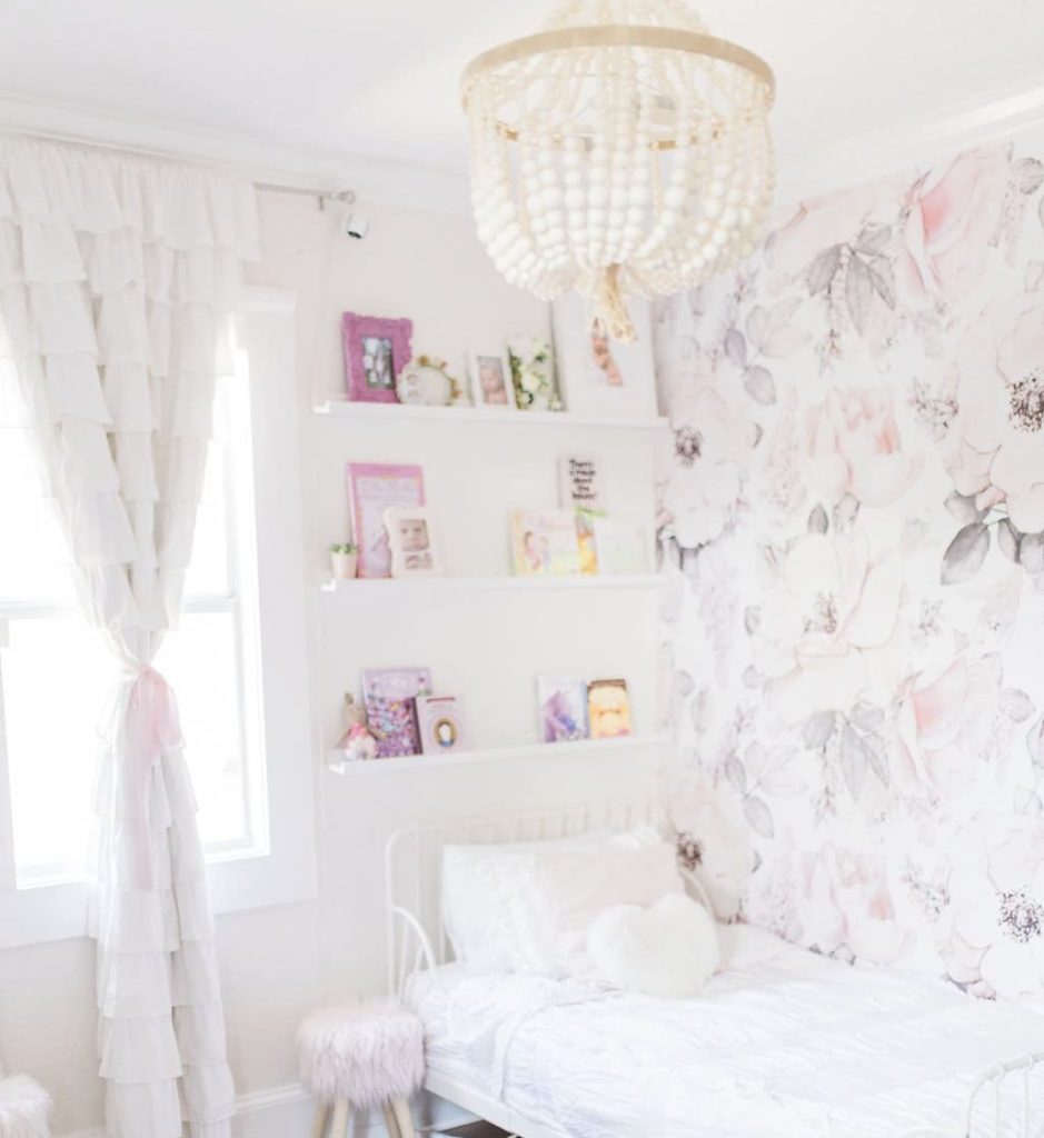 floral accent wall, toddler room, baby room, nursery, girl room, boy room, floor bed, montessori floor bed, kids decor, kids dream room, toddler bed, kids bed, house frame bed, teepee, kids fort, playroom, kids playroom, dream playroom, DIY house frame floor bed, DIY house bed, DIY floor bed, floor beds for toddlers, boho chic girls room, little girls room, dreamy girls bedroom, girl bedroom design