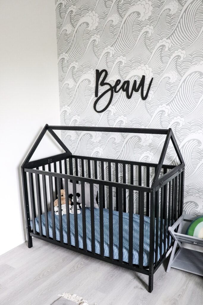 modern wave wallpaper, house frame cribs, boy nursery, nursery themes, boy nursery decor, nursery for twins, wooden name signs, beach themed nursery