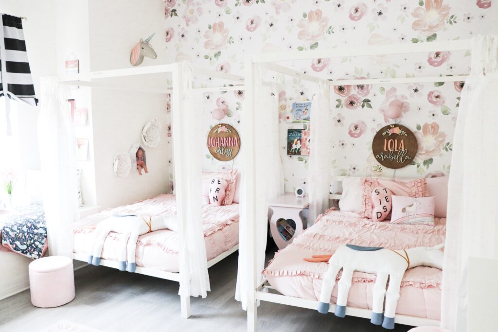 beddys beds, pink comforter set, floral bedroom, wood name sign