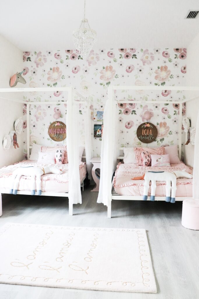 modern canopy bed, shared bedroom ideas, whimsical shared girl room