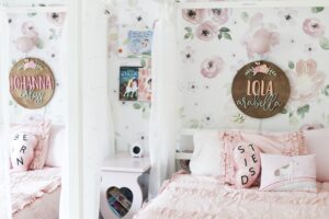 Shared girl room, shared girl room bedroom ideas, shared girl bedrooms, shared girl room, shared tween girl bedroom ideas, shared teenage girl bedroom ideas, sisters bedroom, bedroom storage, bedroom design for girls, shared girl bedroom dividers, shared bedroom organization, shared bedroom layout , floral shared girl room, whimsical shared girl room