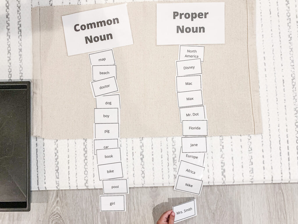 Common Vs. Proper noun, Common and proper noun worksheet, common and proper noun examples, what is a proper noun, what is a common noun, proper noun for kids, common noun examples, fun with common and proper noun, common and proper noun montessori lesson,