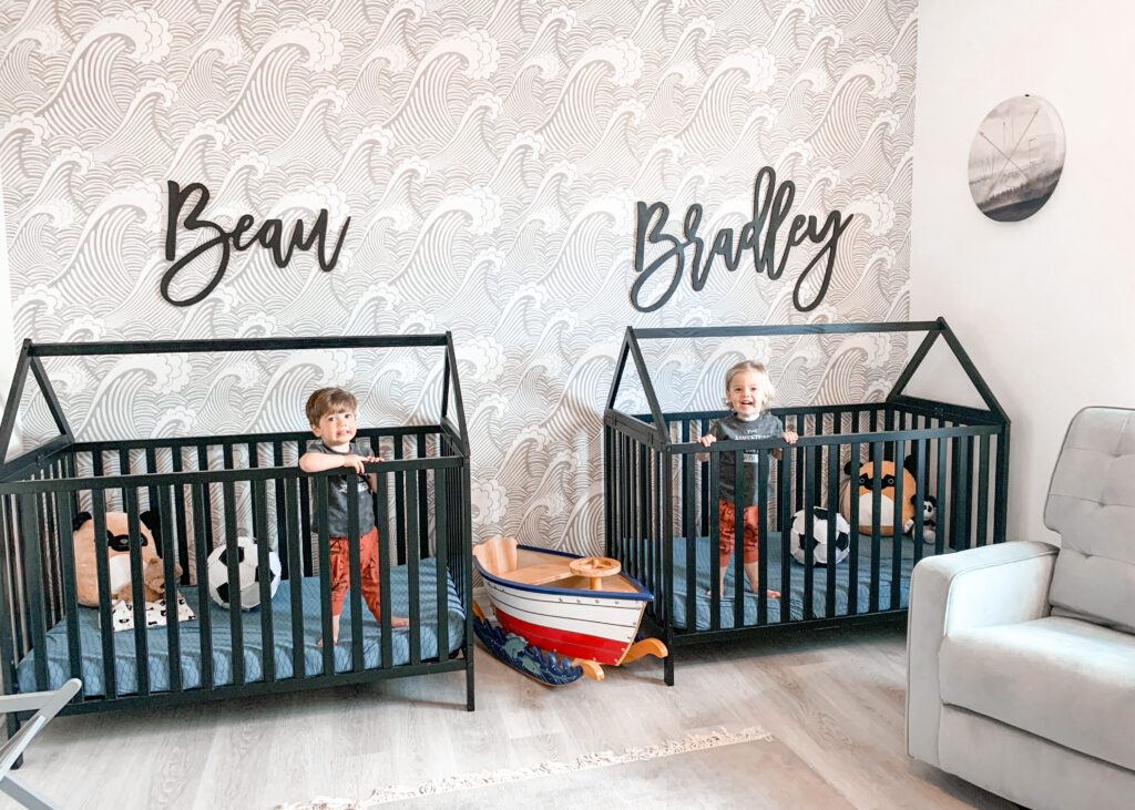 twin boy nursery, house frame cribs, boy nursery, nursery themes, boy nursery decor, nursery for twins, beach themed nursery, house toddler bed, house frame bed for toddlers, modern house cribs, modern cribs for baby, stokke crib knock off, stokke crib dupe 