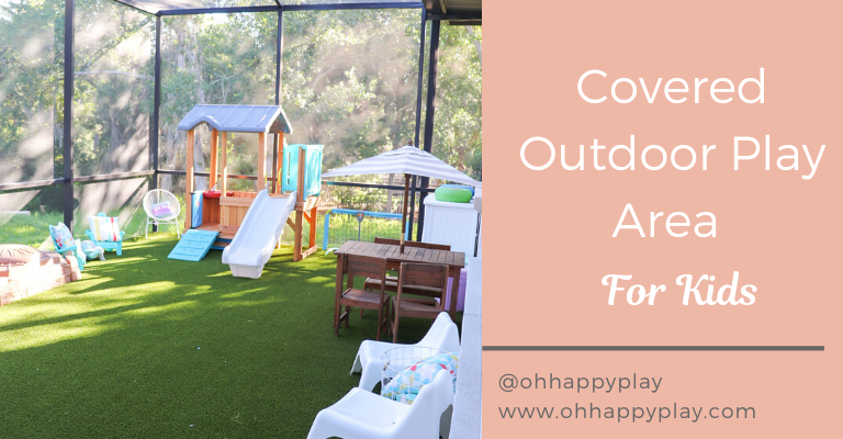 artificial turf play area, screened in play area, outside play area for kids, backyard play area for kids, shaded play area for toddlers, toddlers outside play area, mud kitchen