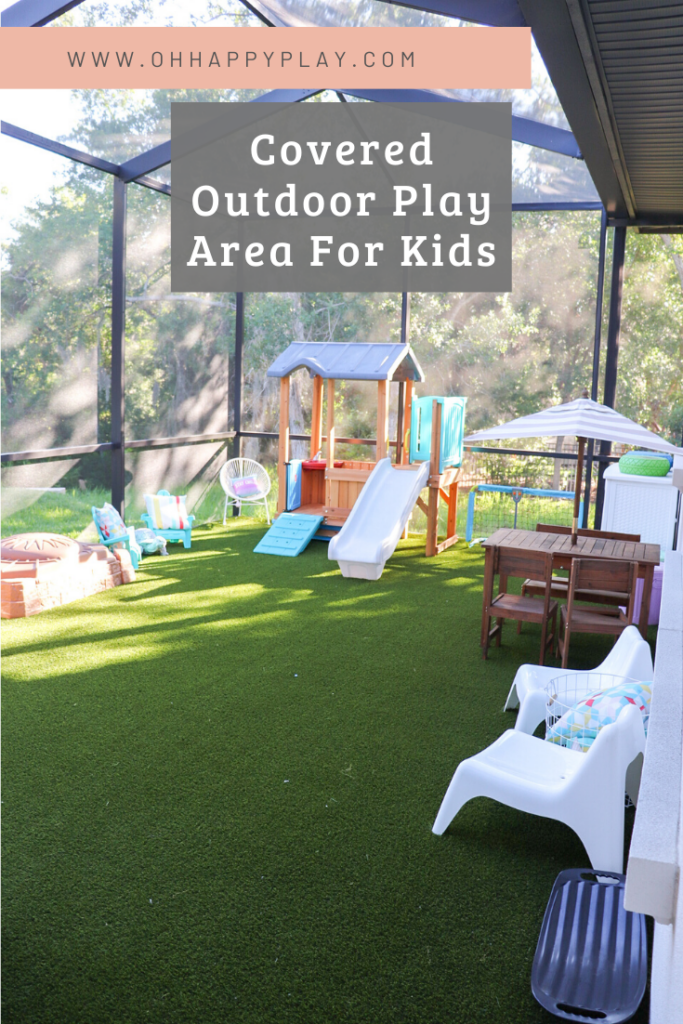 artificial turf play area, outdoor play, screened in play area, outside play area for kids, backyard play area for kids, shaded play area for toddlers, toddlers outside play area, mud kitchen