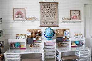 Homeschool room ideas, ikea homeschool room, ikea craft room, craft table for kids, craft table with storage, best craft table for little kids, craft room, distance learning room at home, virtual learning room, homeschool room organization, craft room organization, distance learning homeschool, online school room, virtual school space at home