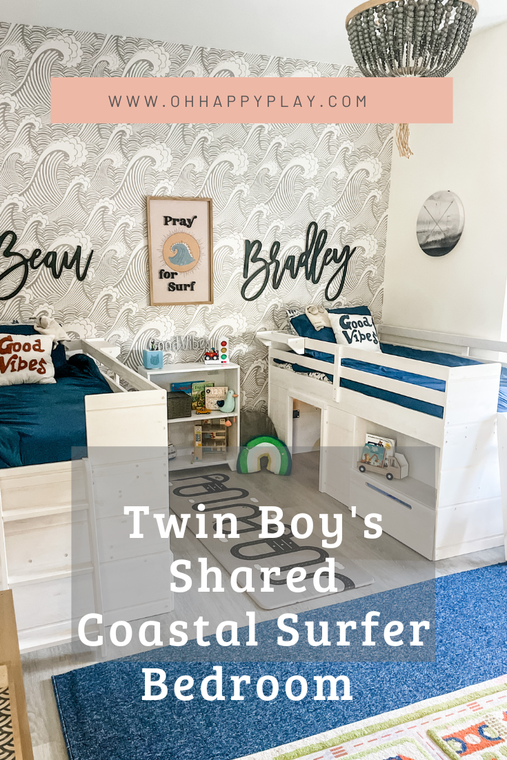 Twin bedroom, shared sibling room, low loft bed, toddler room ideas, boy room ideas, loft beds for kids, loft beds with hide out, bed with storage, surfer art