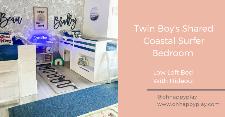 Twin bedroom, shared sibling room, low loft bed, toddler room ideas, boy room ideas, loft beds for kids, loft beds with hide out, bed with storage, surfer art