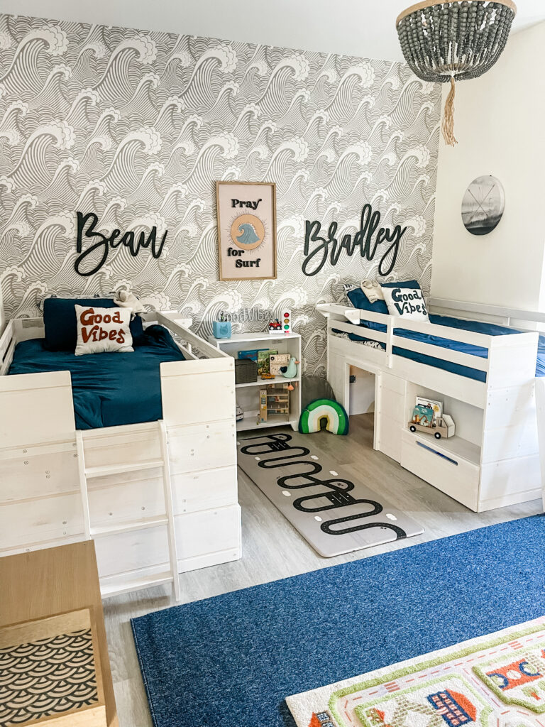 Twin bedroom, shared sibling room, low loft bed, toddler room ideas, boy room ideas, loft beds for kids, loft beds with hide out, bed with storage, 