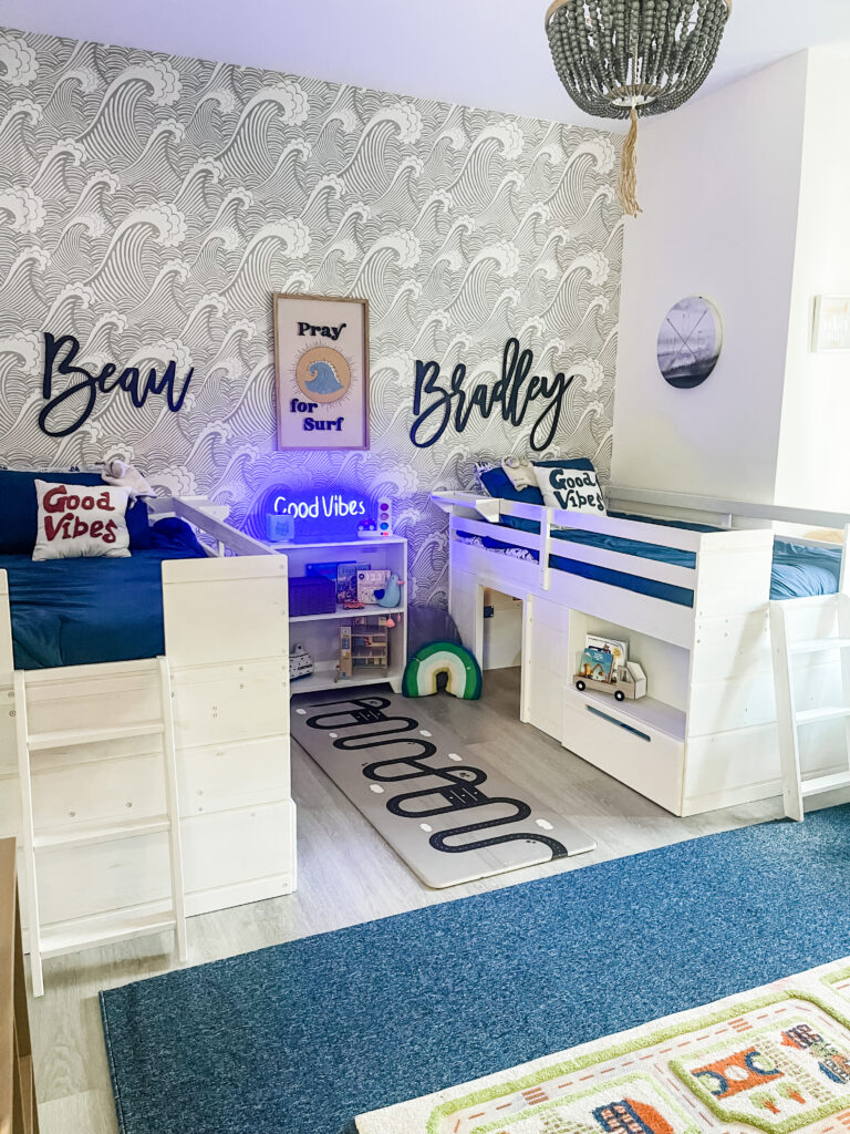 Twin bedroom, shared sibling room, low loft bed, toddler room ideas, boy room ideas, loft beds for kids, loft beds with hide out, bed with storage, 