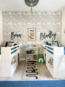 Twin bedroom, shared sibling room, low loft bed, toddler room ideas, boy room ideas, loft beds for kids, loft beds with hide out, bed with storage,