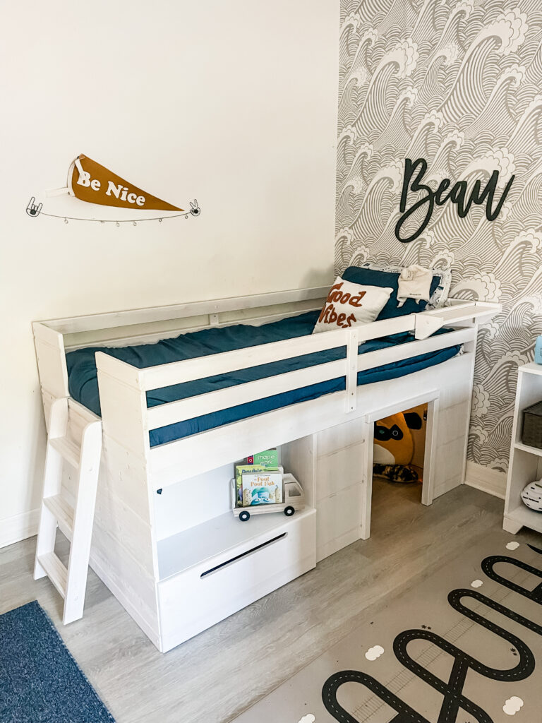 Twin bedroom, shared sibling room, low loft bed, toddler room ideas, boy room ideas, loft beds for kids, loft beds with hide out, bed with storage, 