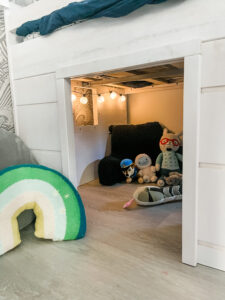 Twin bedroom, shared sibling room, low loft bed, toddler room ideas, boy room ideas, loft beds for kids, loft beds with hide out, bed with storage,