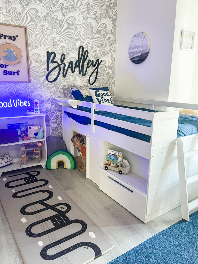 Twin bedroom, shared sibling room, low loft bed, toddler room ideas, boy room ideas, loft beds for kids, loft beds with hide out, bed with storage, 