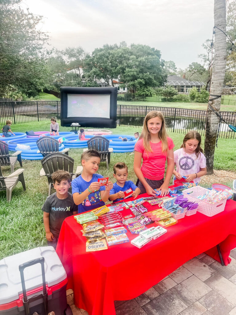 outdoor movie night with kiddie pools